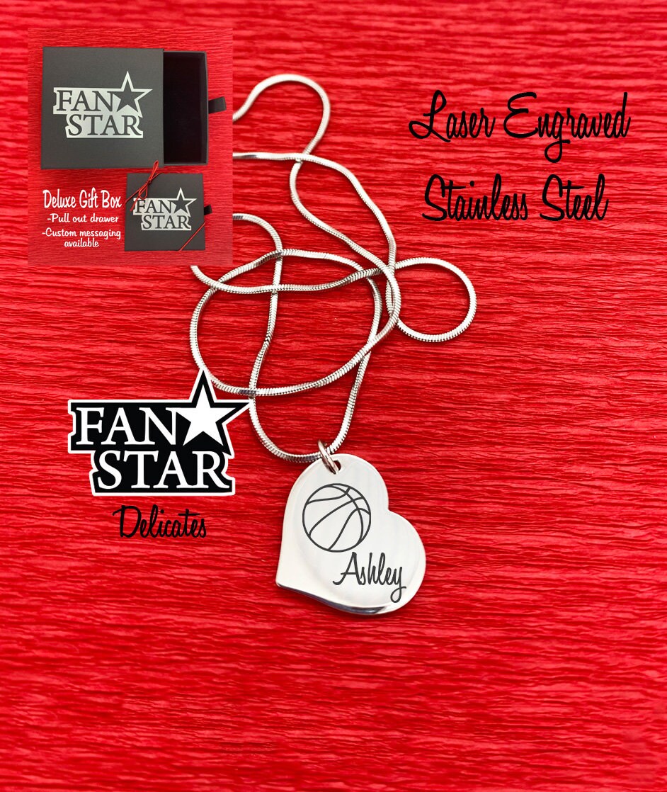 Engraved Stainless Steel Basketball Heart Pendant Necklace