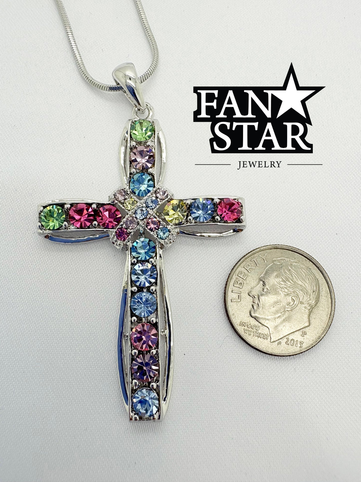 Rhodium Plated Cross Pendant with Vibrant Crystals and Various Size Chain
