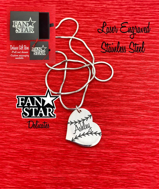Engraved Stainless Steel Softball Heart Pendant Necklace