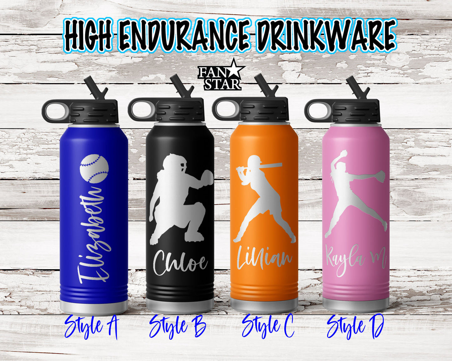 Engraved Softball Stainless Steel Water Bottle, Choose Your Customizations