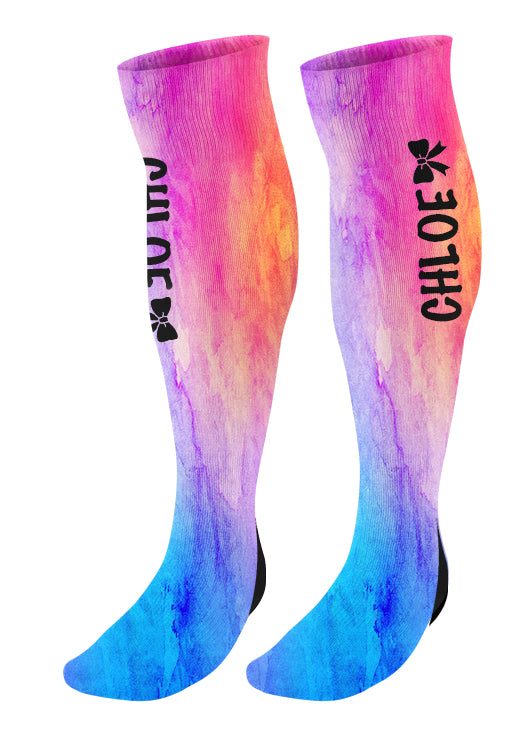 Personalized Cheer Bow Knee High Socks, Watercolor Background, Custom Cheer Team Socks