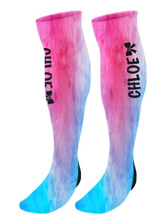 Personalized Cheer Bow Knee High Socks, Watercolor Background, Custom Cheer Team Socks