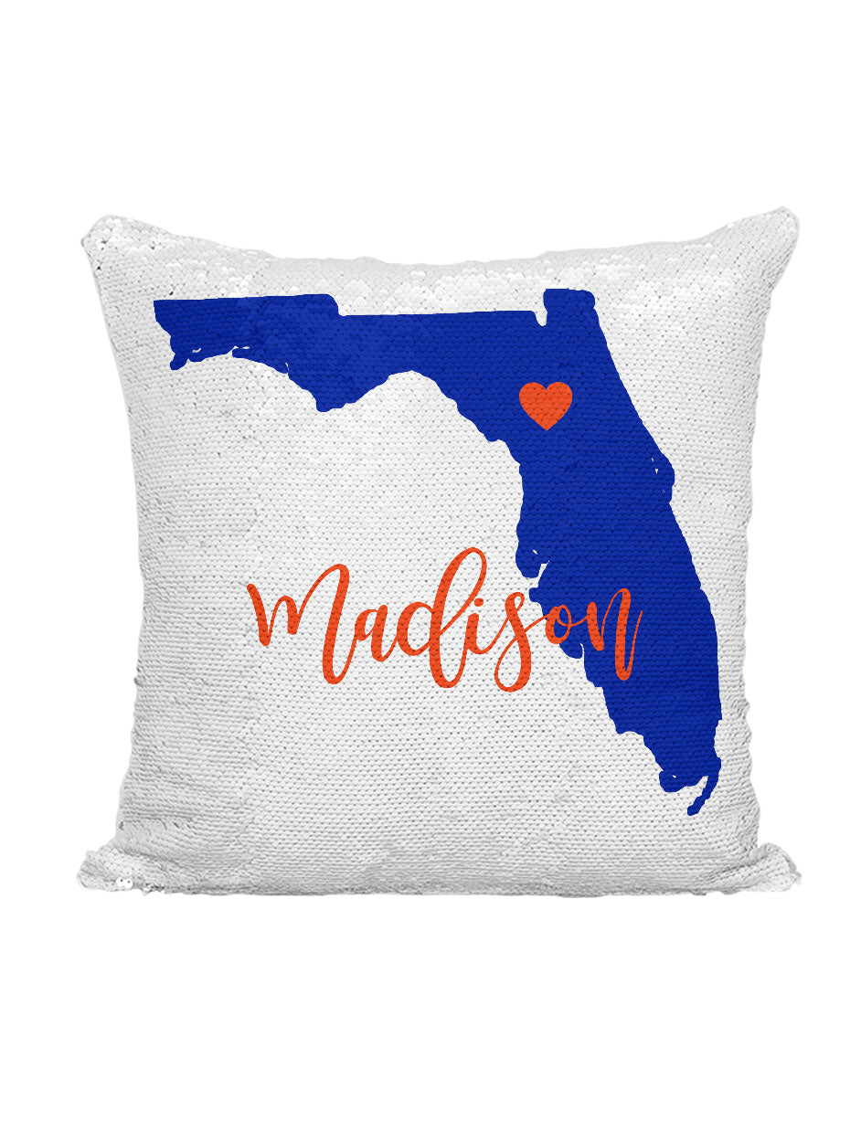 CUSTOM SEQUIN PILLOW - FLORIDA BLUE & ORANGE