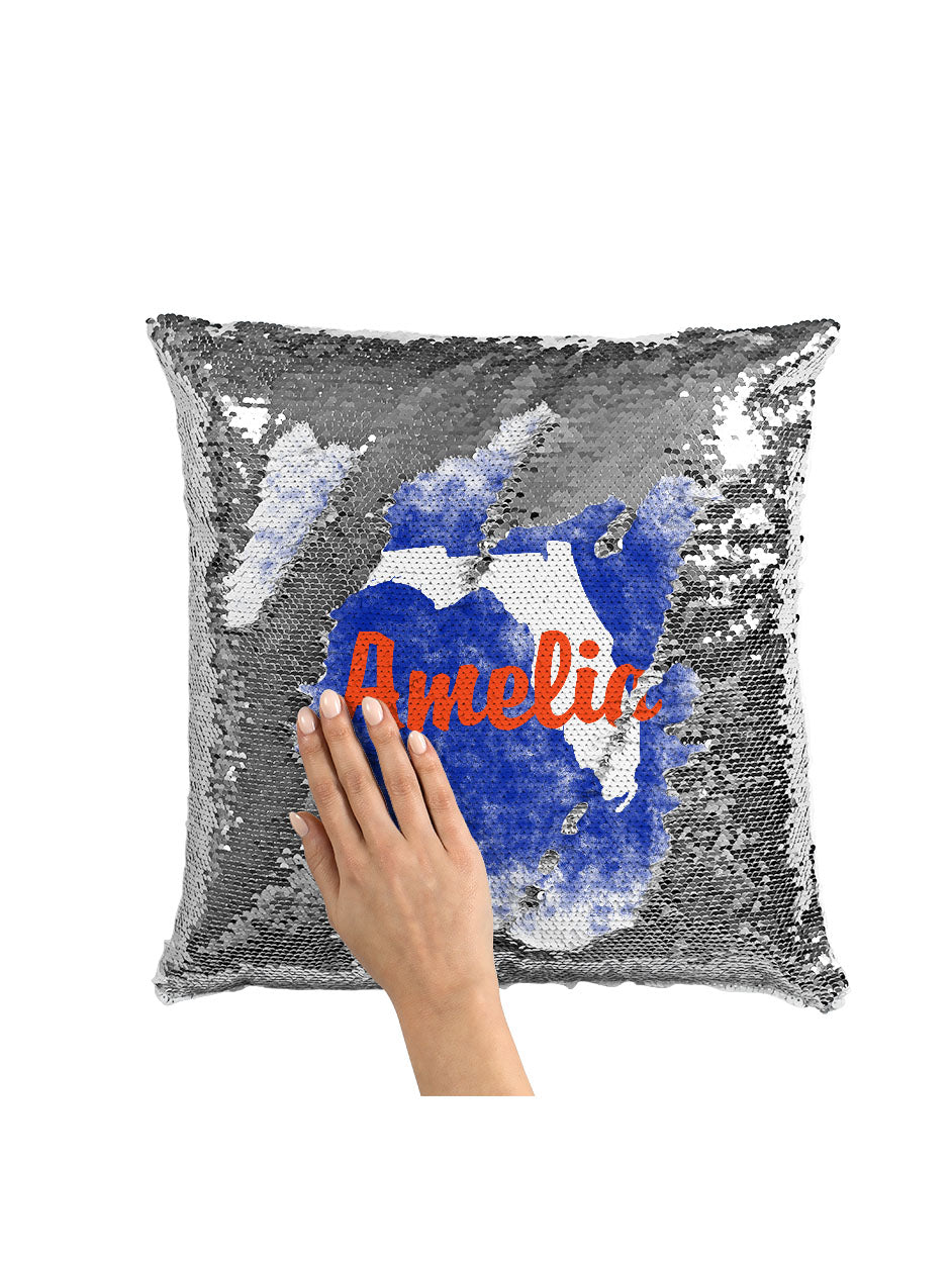 CUSTOM SEQUIN PILLOW - FLORIDA SPLATTER BLUE & ORANGE