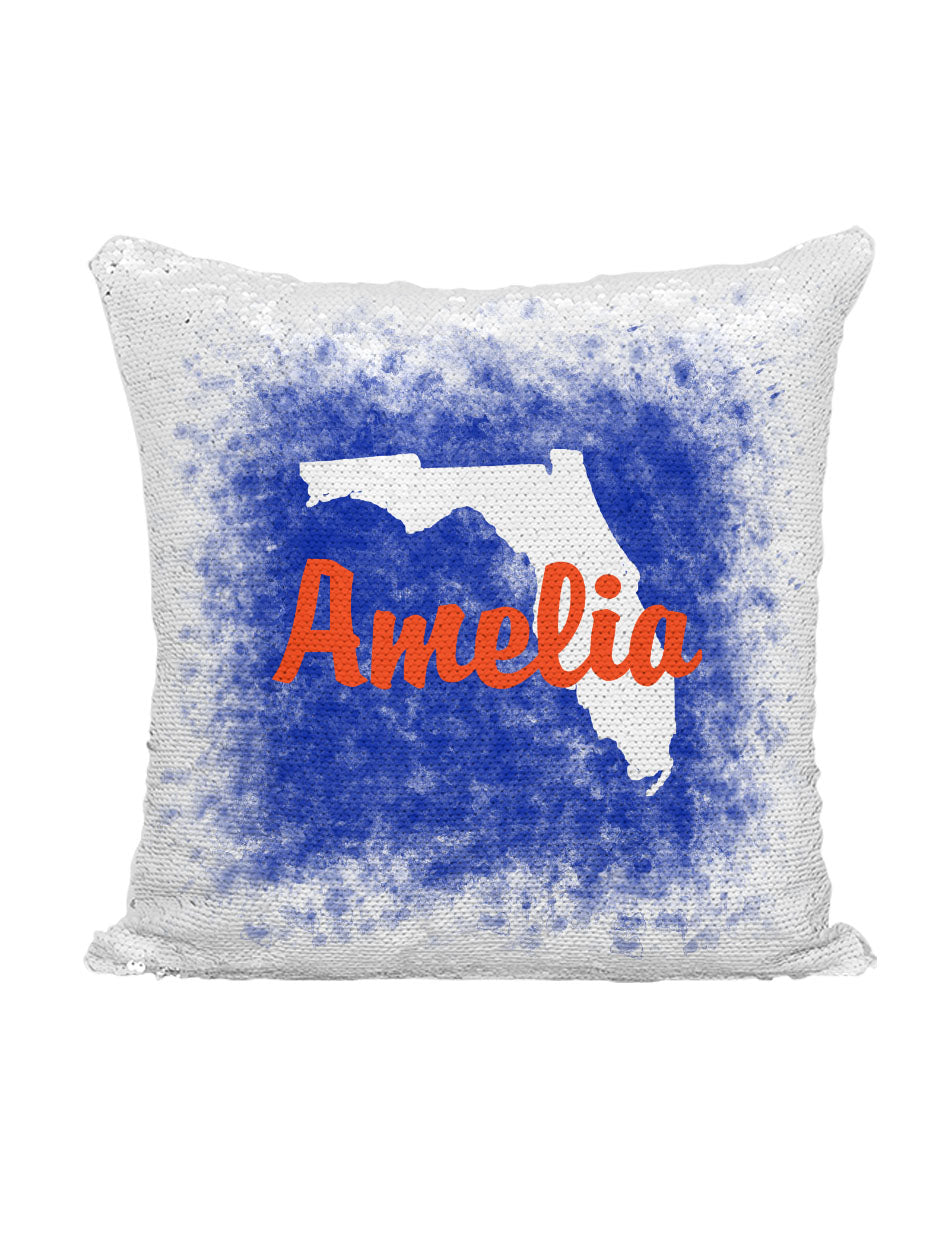 CUSTOM SEQUIN PILLOW - FLORIDA SPLATTER BLUE & ORANGE