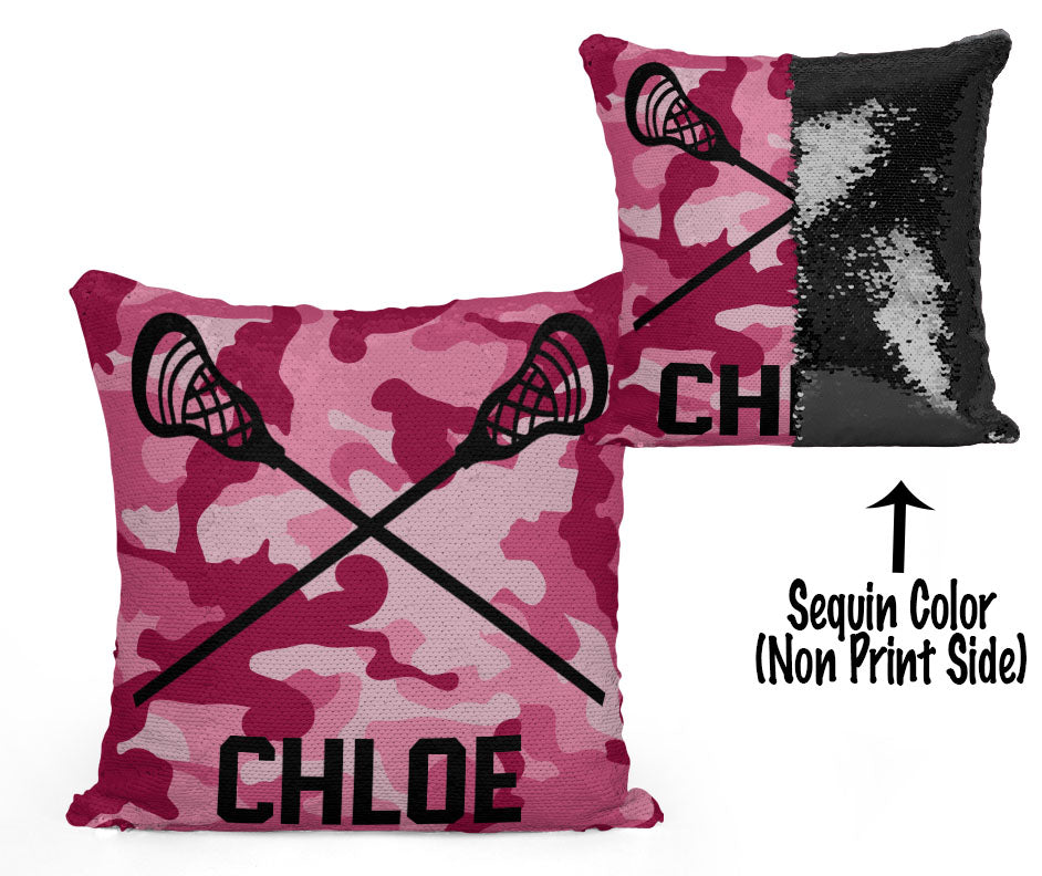 Custom Personalized Lacrosse Sequin Mermaid Flip Pillow- Camo