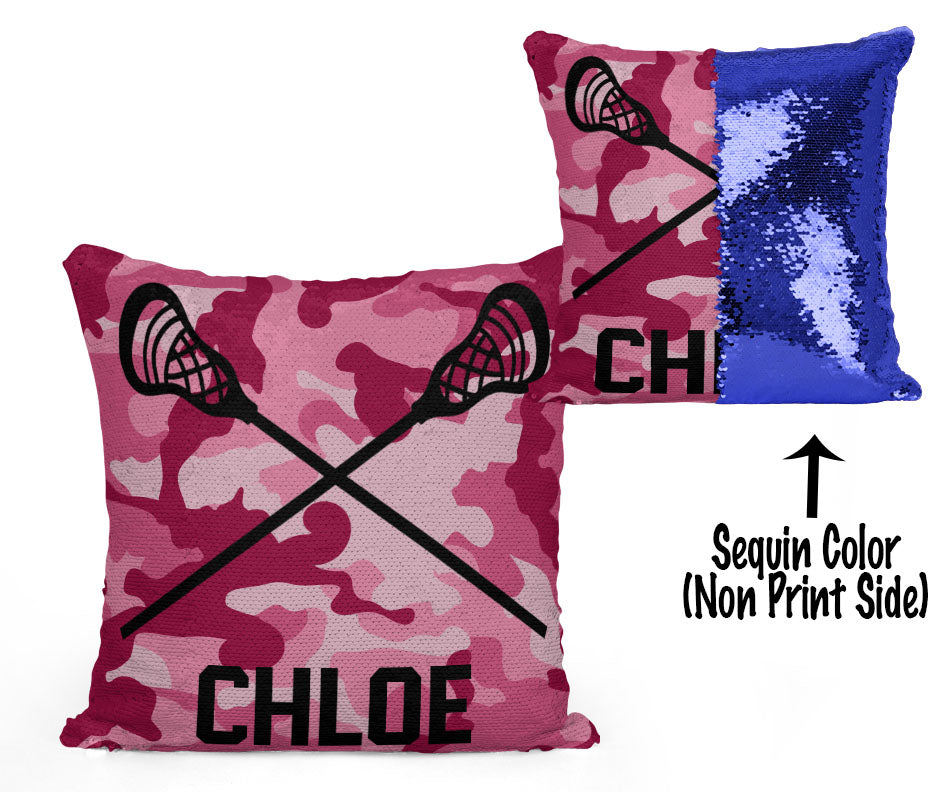 Custom Personalized Lacrosse Sequin Mermaid Flip Pillow- Camo
