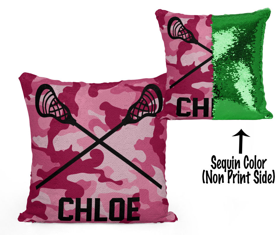 Custom Personalized Lacrosse Sequin Mermaid Flip Pillow- Camo