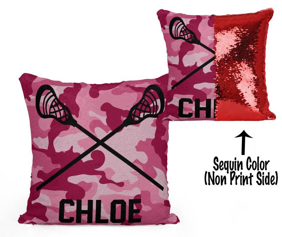Custom Personalized Lacrosse Sequin Mermaid Flip Pillow- Camo
