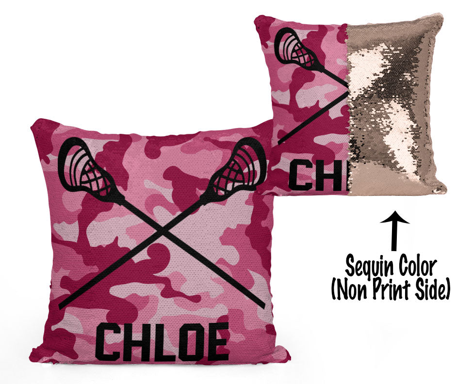 Custom Personalized Lacrosse Sequin Mermaid Flip Pillow- Camo