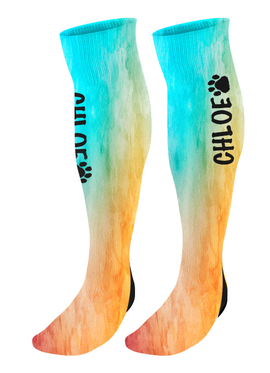 Personalized Paw Print Knee High Socks, Watercolor Background, Custom Mascot Paw Socks