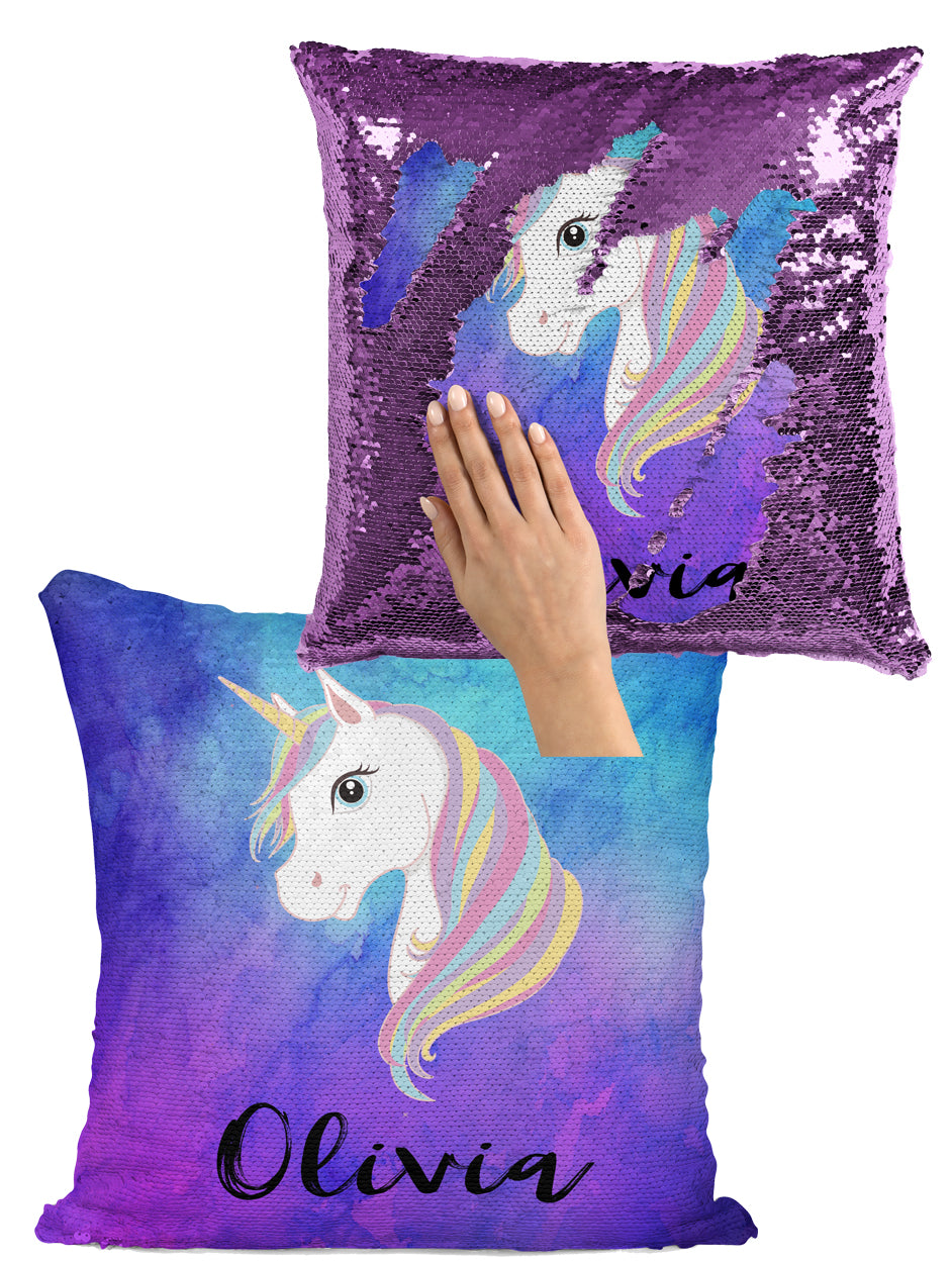 Custom Unicorn Sequin Mermaid Flip Pillow with Watercolors Background