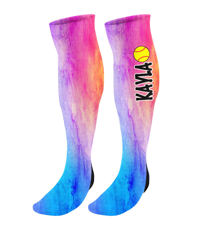Personalized Softball Knee High Socks - Watercolor Background