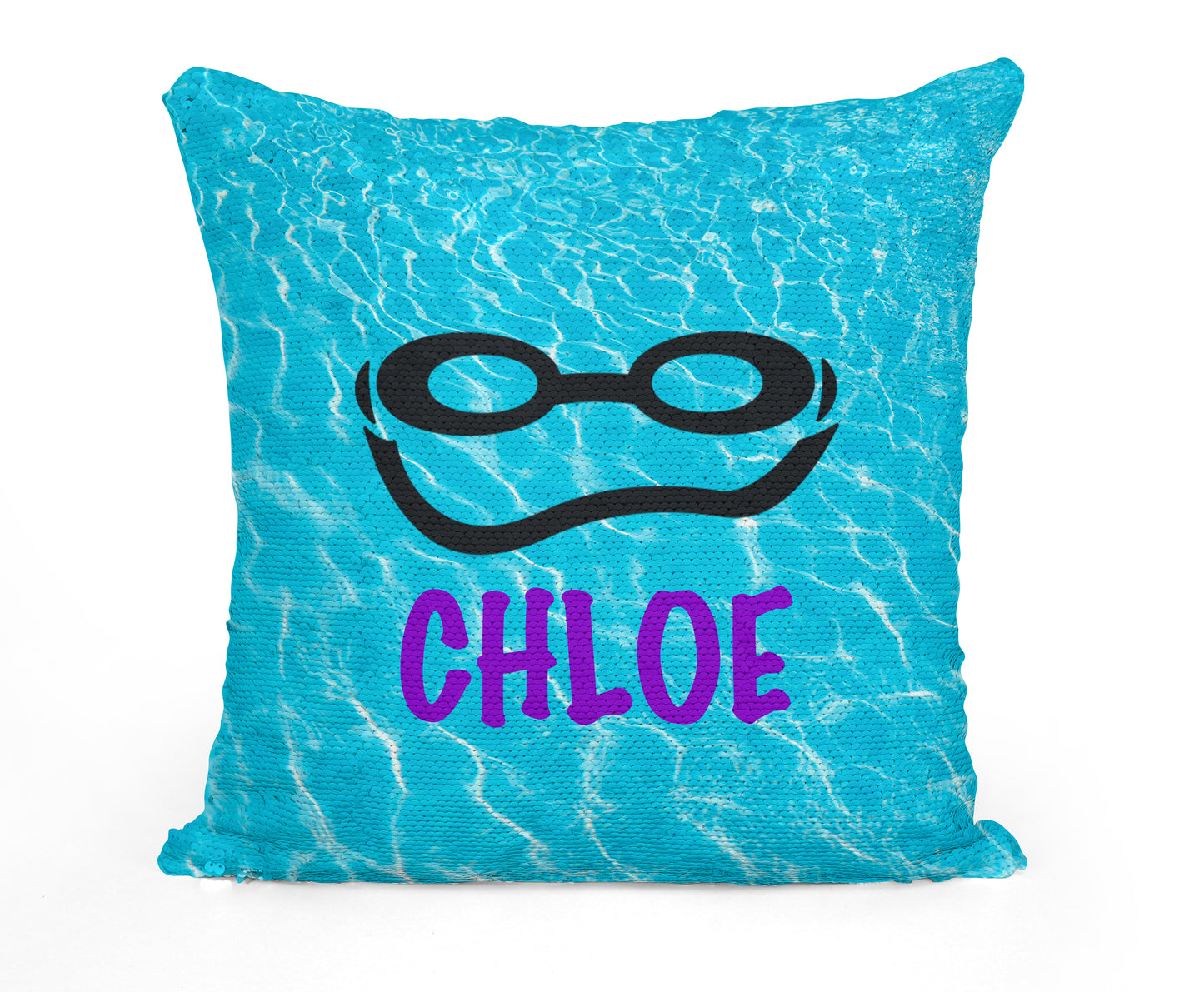 Custom Personalized SWIMMER GOGGLES Sequin Mermaid Flip Pillow