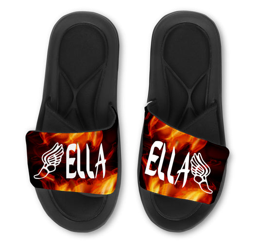 Custom Track Slides with Flames or Cross Country Winged Foot Sandals