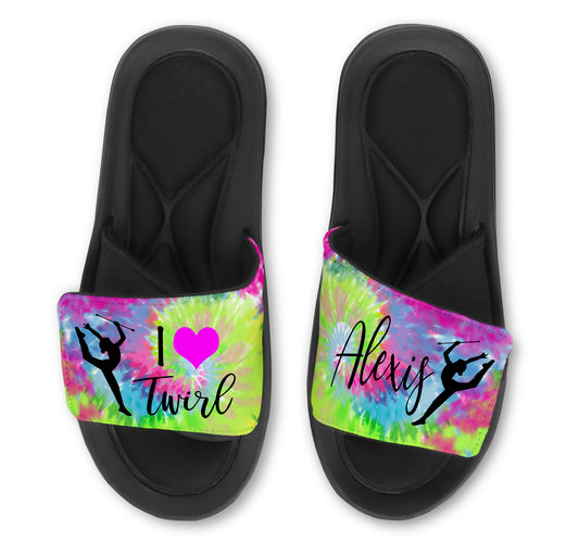 Baton Twirling Custom Slides / Sandals with Tie Dye Backgrounds and Your Choice of Image