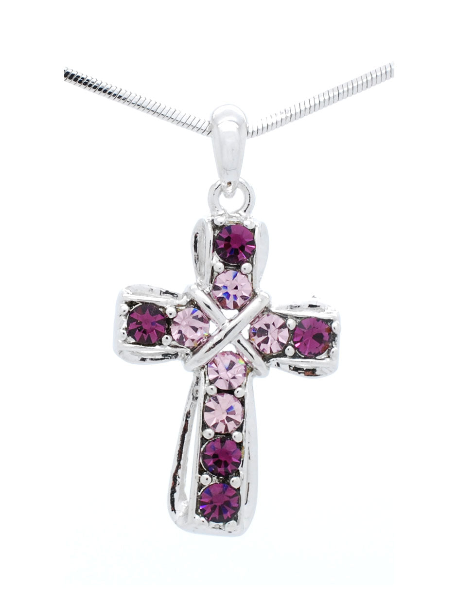 Crystal Cross Necklace - Small Cross Pendant with Rhinestones & Rhodium Plated Chain