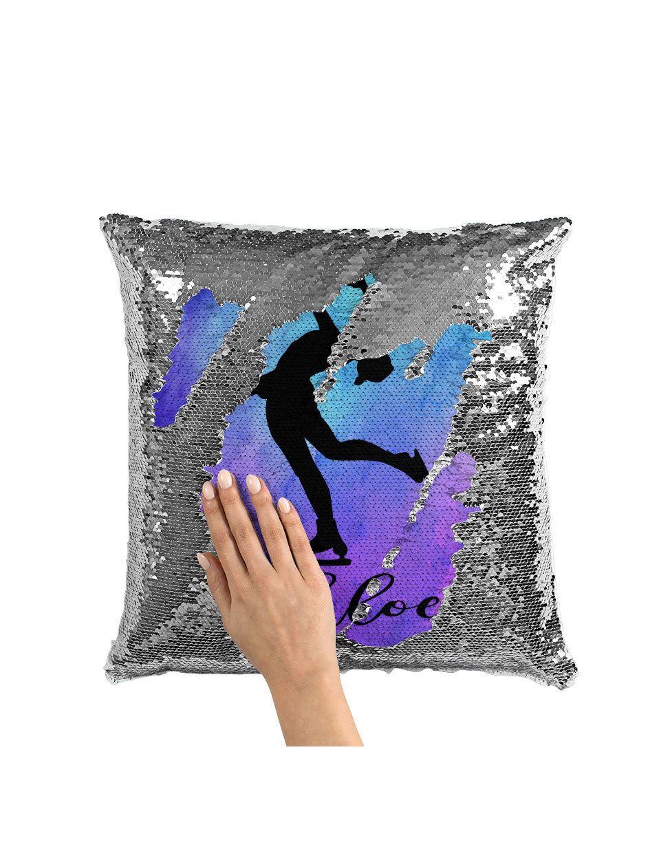 Personalized Figure Skating Sequin Mermaid Flip Pillow - Watercolor Background