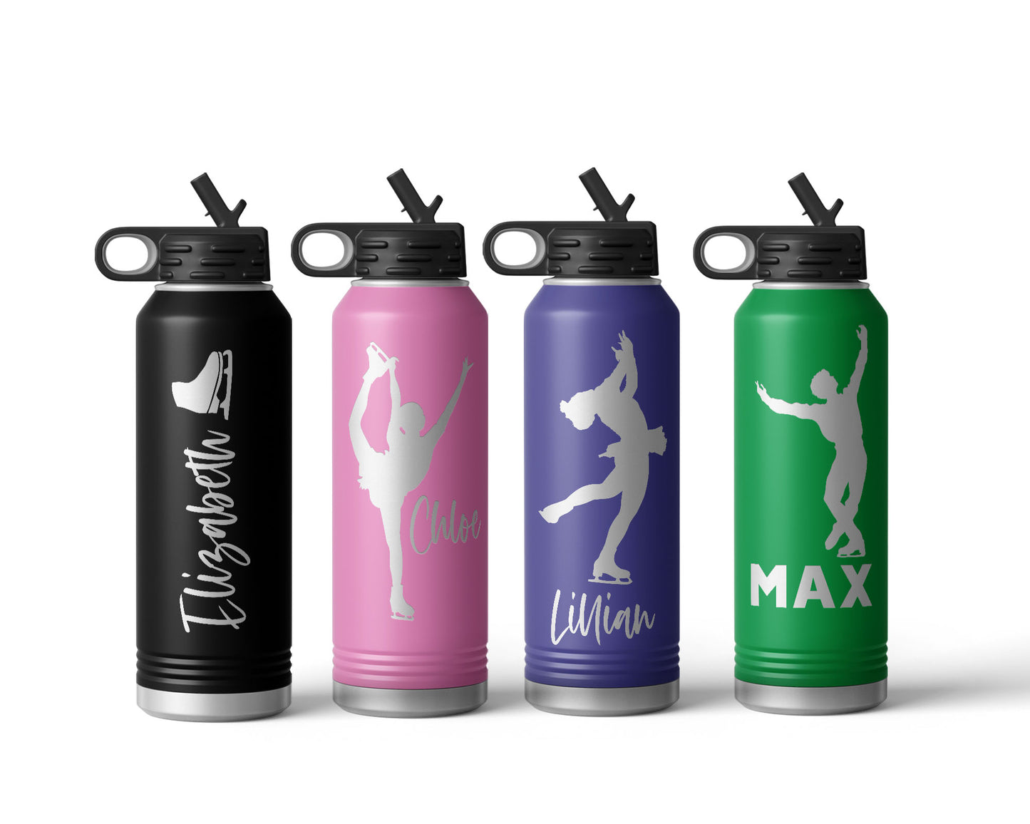 Engraved Figure Skater Stainless Steel Water Bottle, Choose Your Customizations