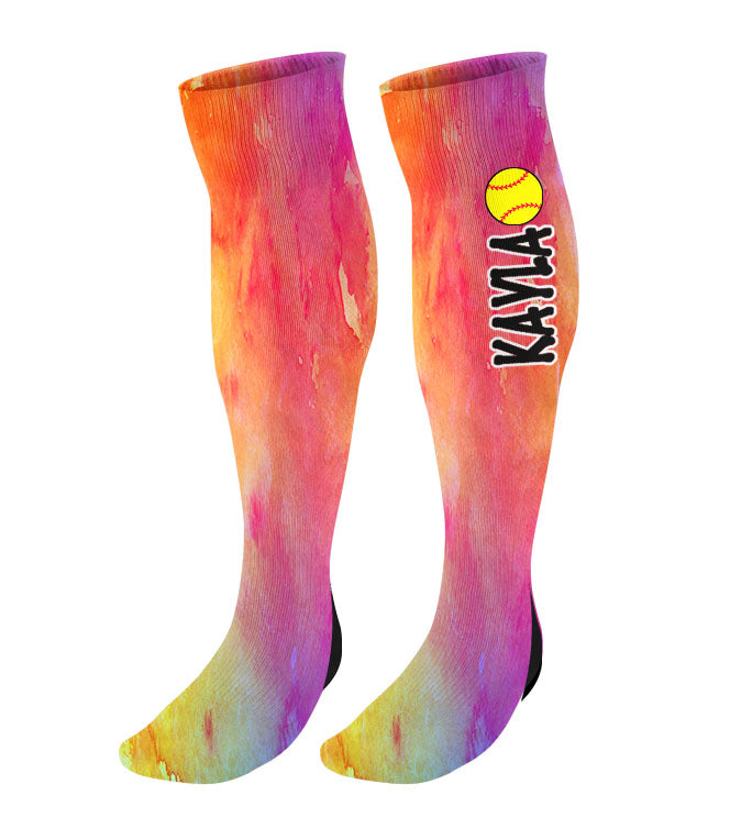 Personalized Softball Knee High Socks - Watercolor Background