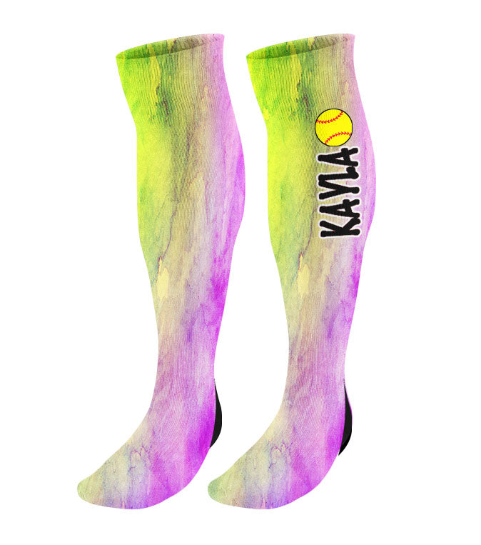 Personalized Softball Knee High Socks - Watercolor Background