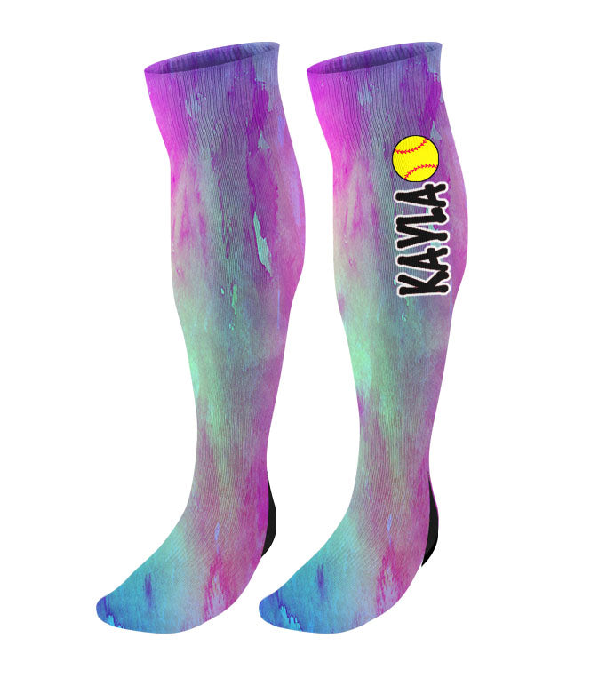 Personalized Softball Knee High Socks - Watercolor Background
