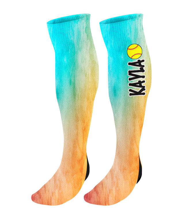 Personalized Softball Knee High Socks - Watercolor Background