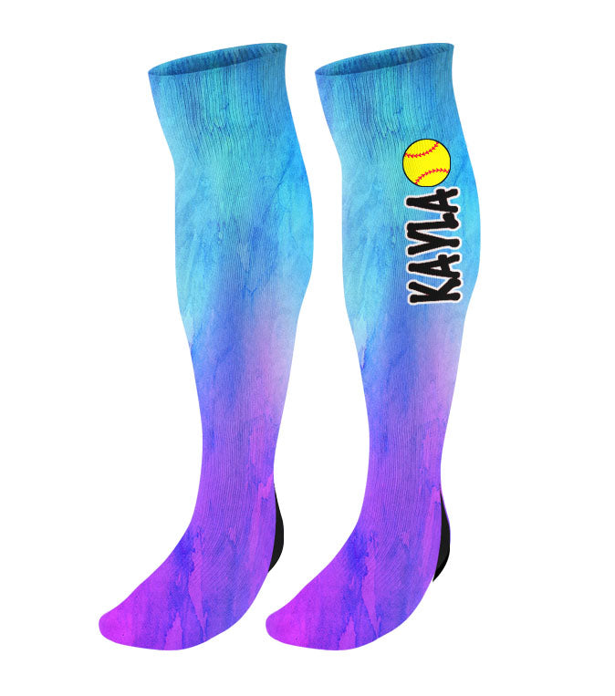 Personalized Softball Knee High Socks - Watercolor Background