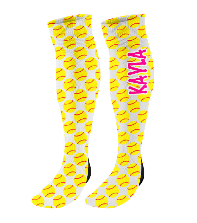Personalized Softball Fastpitch Knee High Socks with Softball Hearts
