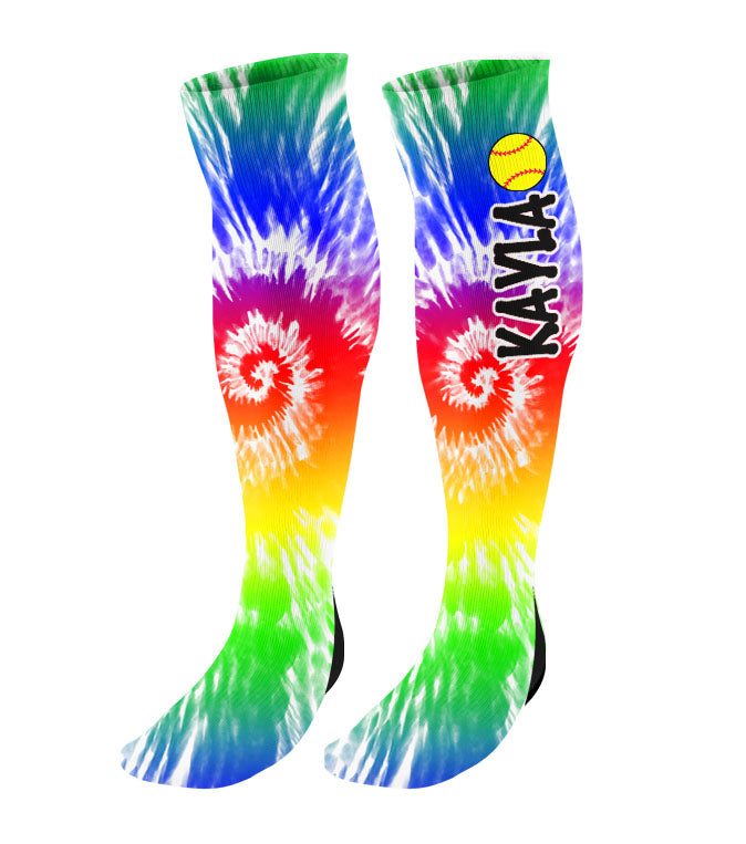 Personalized Tie Dye Softball Knee High Socks with Name