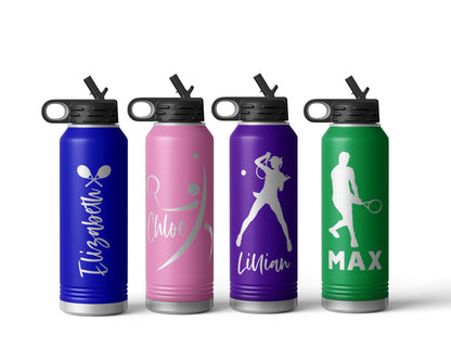 Engraved Tennis Stainless Steel Water Bottle, Choose Your Customizations