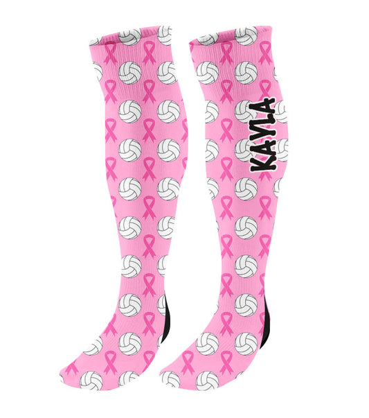 Personalized Volleyball Breast Cancer Awareness Ribbon Knee High Socks