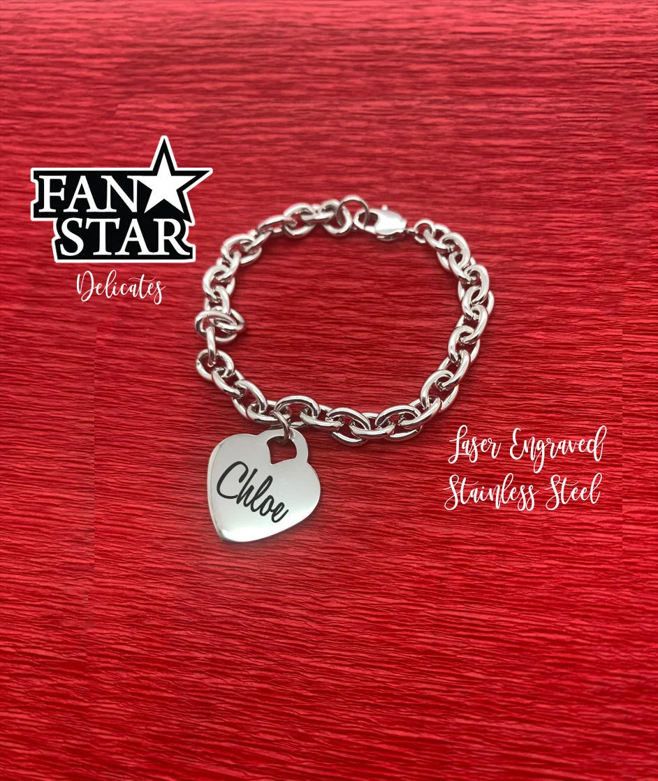 Engraved Stainless Steel Heart Bracelet Charm