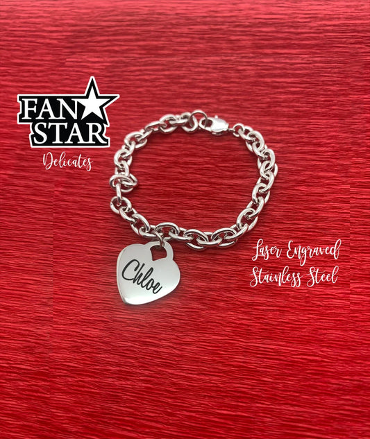 Engraved Stainless Steel Heart Bracelet Charm