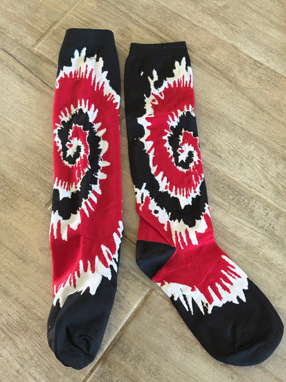 Red, White & Black Tie Dye Woven Knee-High Socks Fits Sizes 4-11