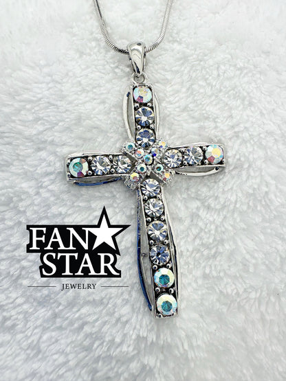 Rhodium Plated Cross Pendant with Vibrant Crystals and Various Size Chain
