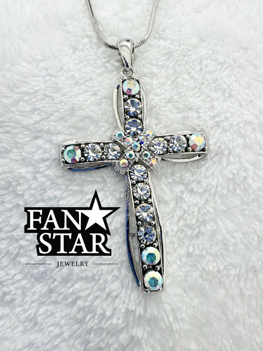 Rhodium Plated Cross Pendant with Vibrant Crystals and Various Size Chain