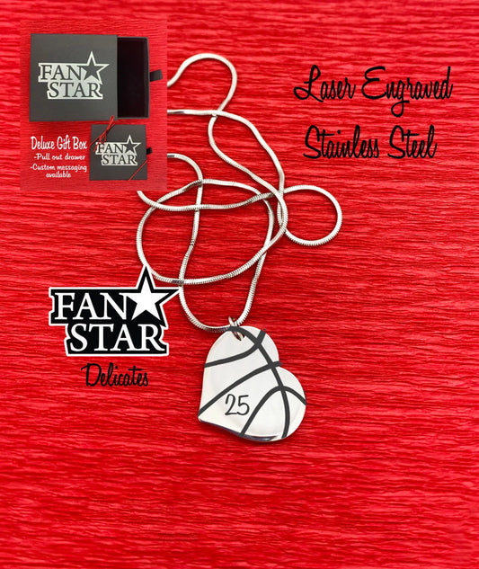 Engraved Stainless Steel Basketball Heart Pendant Necklace Full
