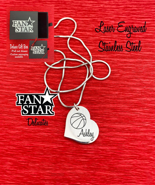 Engraved Stainless Steel Basketball Heart Pendant Necklace