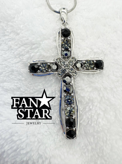 Rhodium Plated Cross Pendant with Vibrant Crystals and Various Size Chain