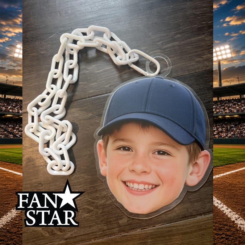 Custom photo face necklace with white chain at a baseball stadium