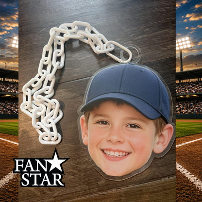 Custom photo face necklace with white chain at a baseball stadium