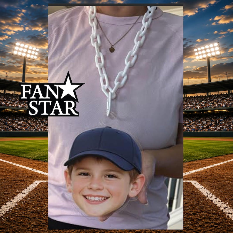 Fan Star personalized face cutout and white plastic chain detail
