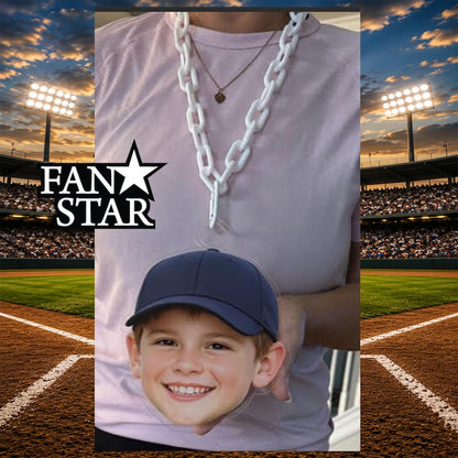 Fan Star personalized face cutout and white plastic chain detail
