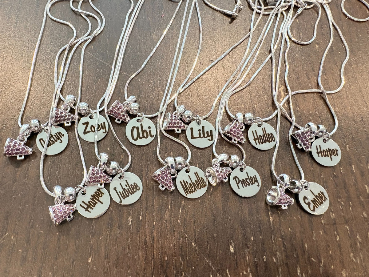 Personalized engraved cheer necklace with pink crystal megaphone charm and name disc