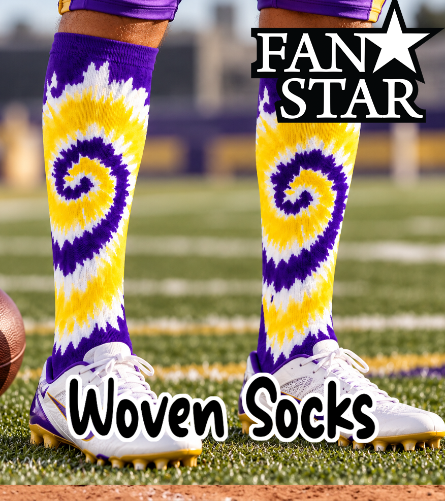 Fan Star purple, gold and white tie dye woven knee-high socks worn with white cleats on a sports field.