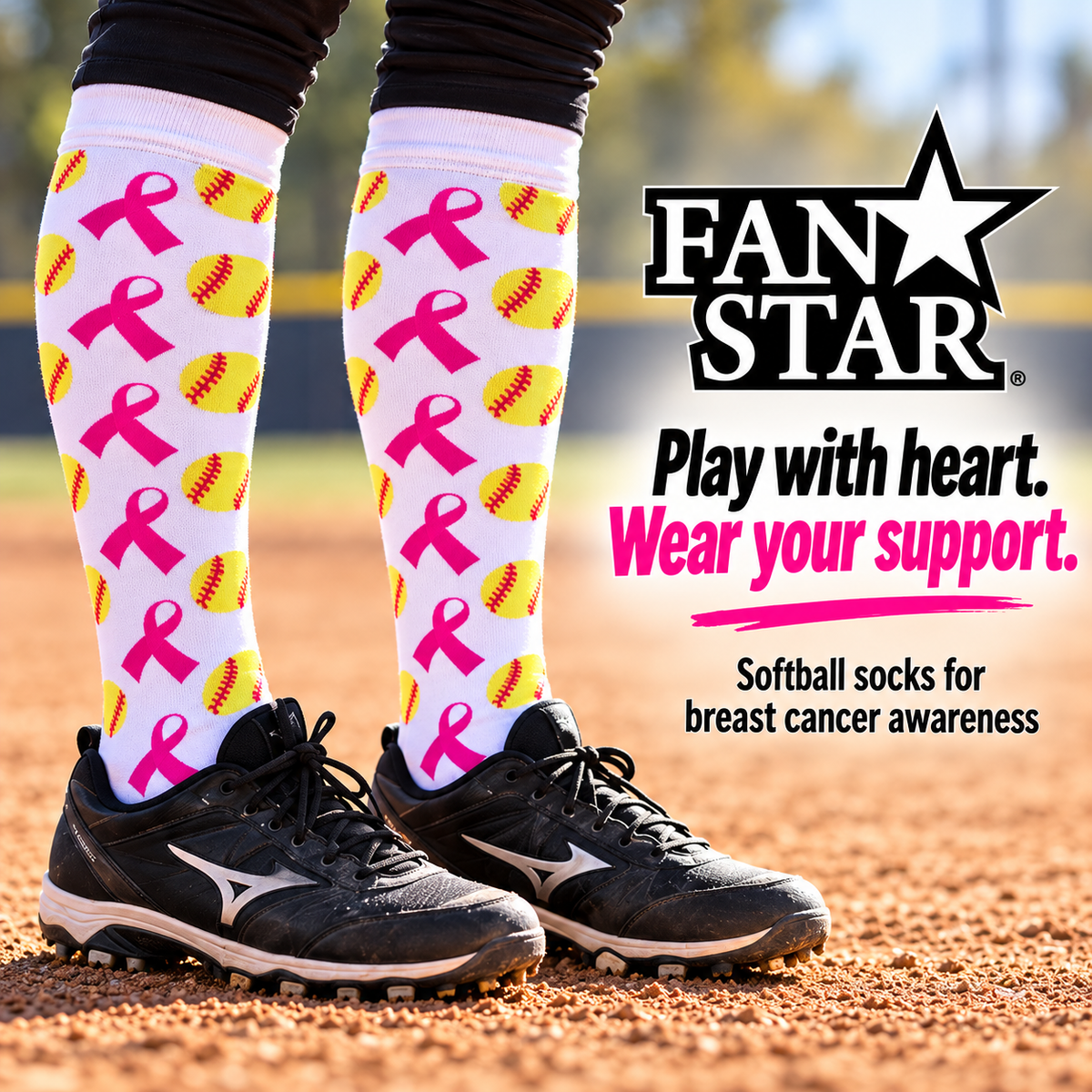 Softball player wearing white pink-ribbon socks and black cleats beside the Fan Star logo and Play with heart Wear your support message.