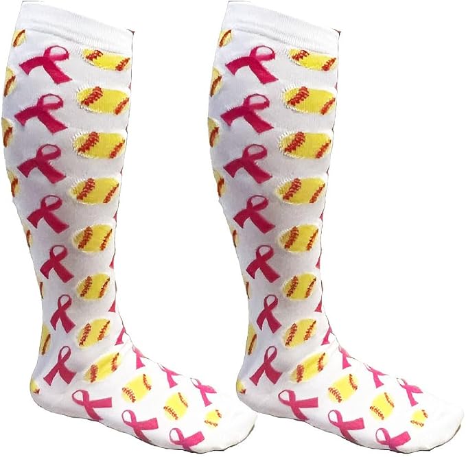 White youth knee-high socks with pink breast cancer awareness ribbons and yellow softballs with red stitching.