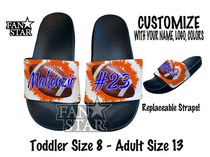 Personalized Football Slides Flip Flops Sandals Polyurethane Flex Soles - Customize with Your Name, Number, and Background! Tie Dye Design