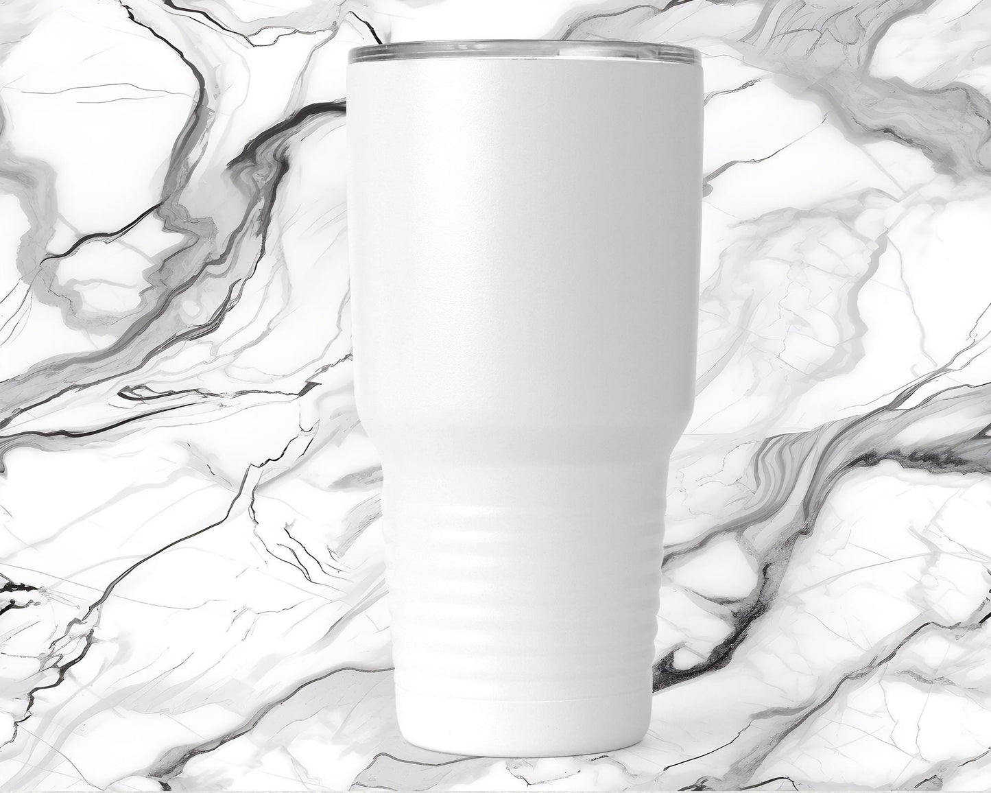 A white, cylindrical container with a lid, placed against a marble background with swirling lines and patterns.